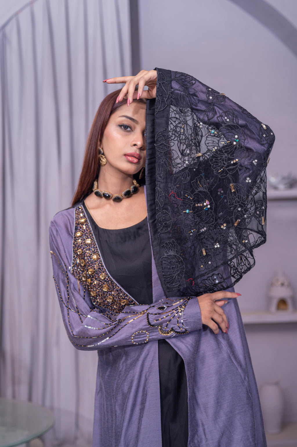 Midnight Lavender Embellished Open Front Abaya Dress