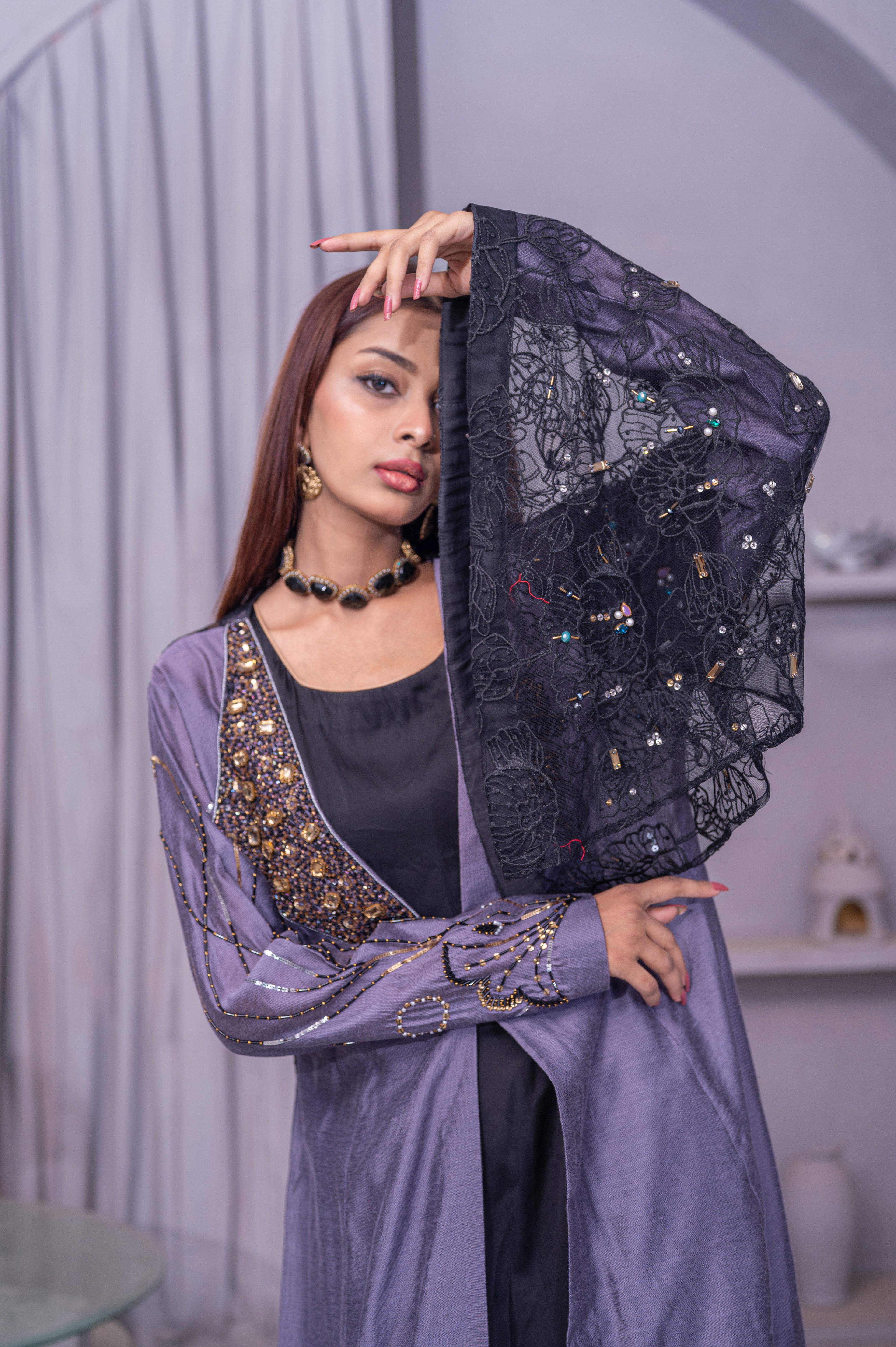 Midnight Lavender Embellished Open Front Abaya Dress