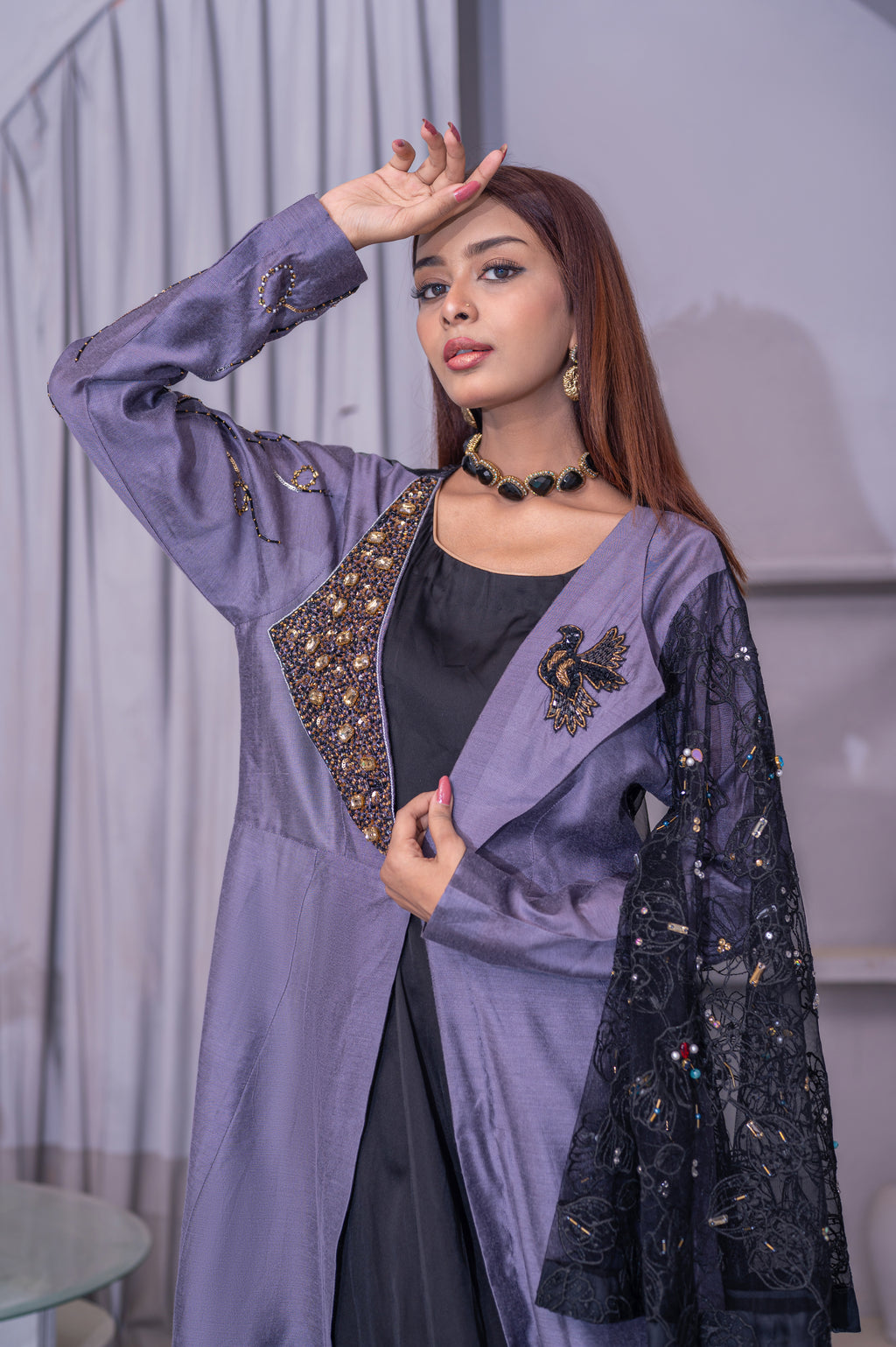Midnight Lavender Embellished Open Front Abaya Dress