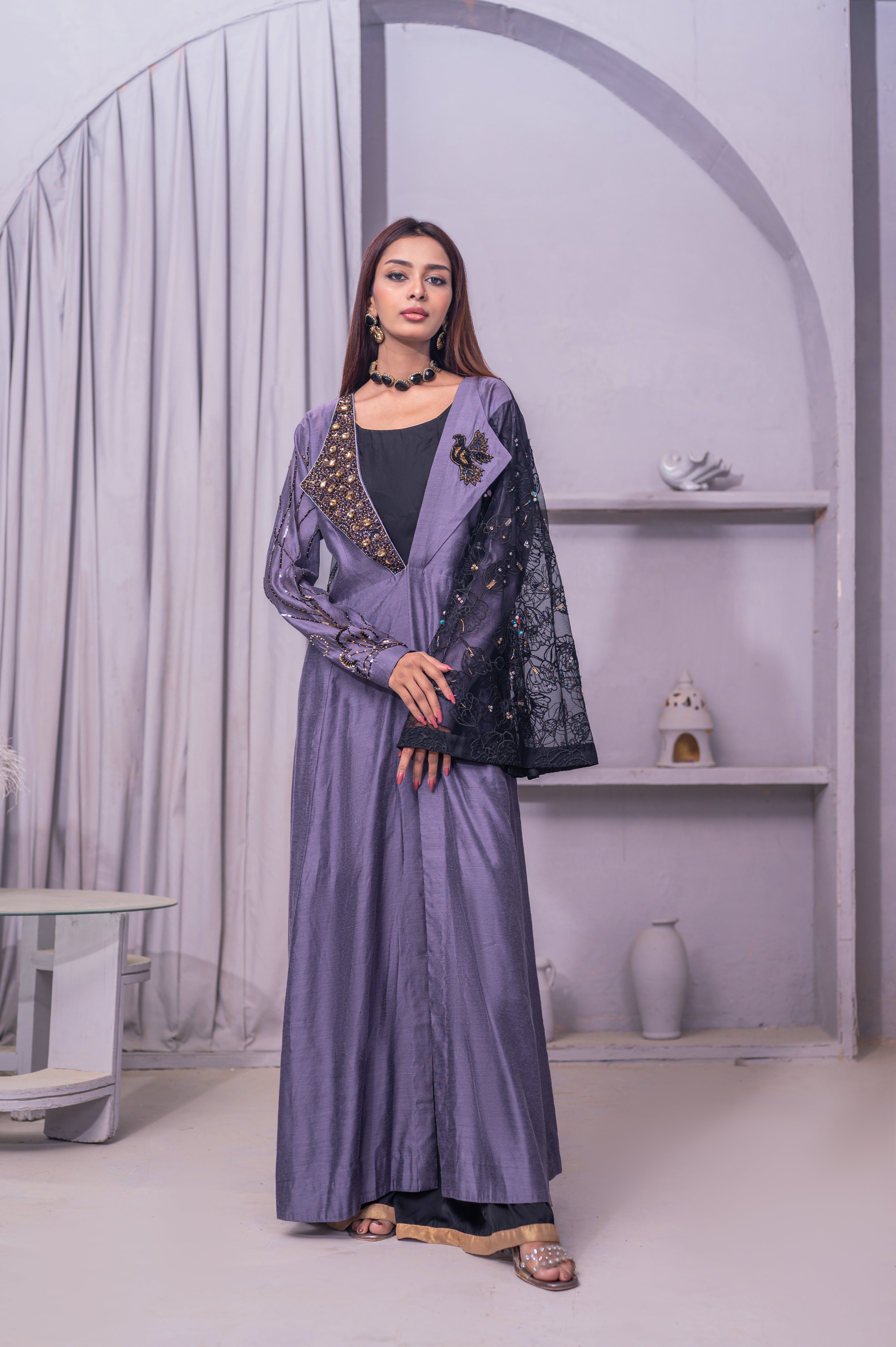 Midnight Lavender Embellished Open Front Abaya Dress