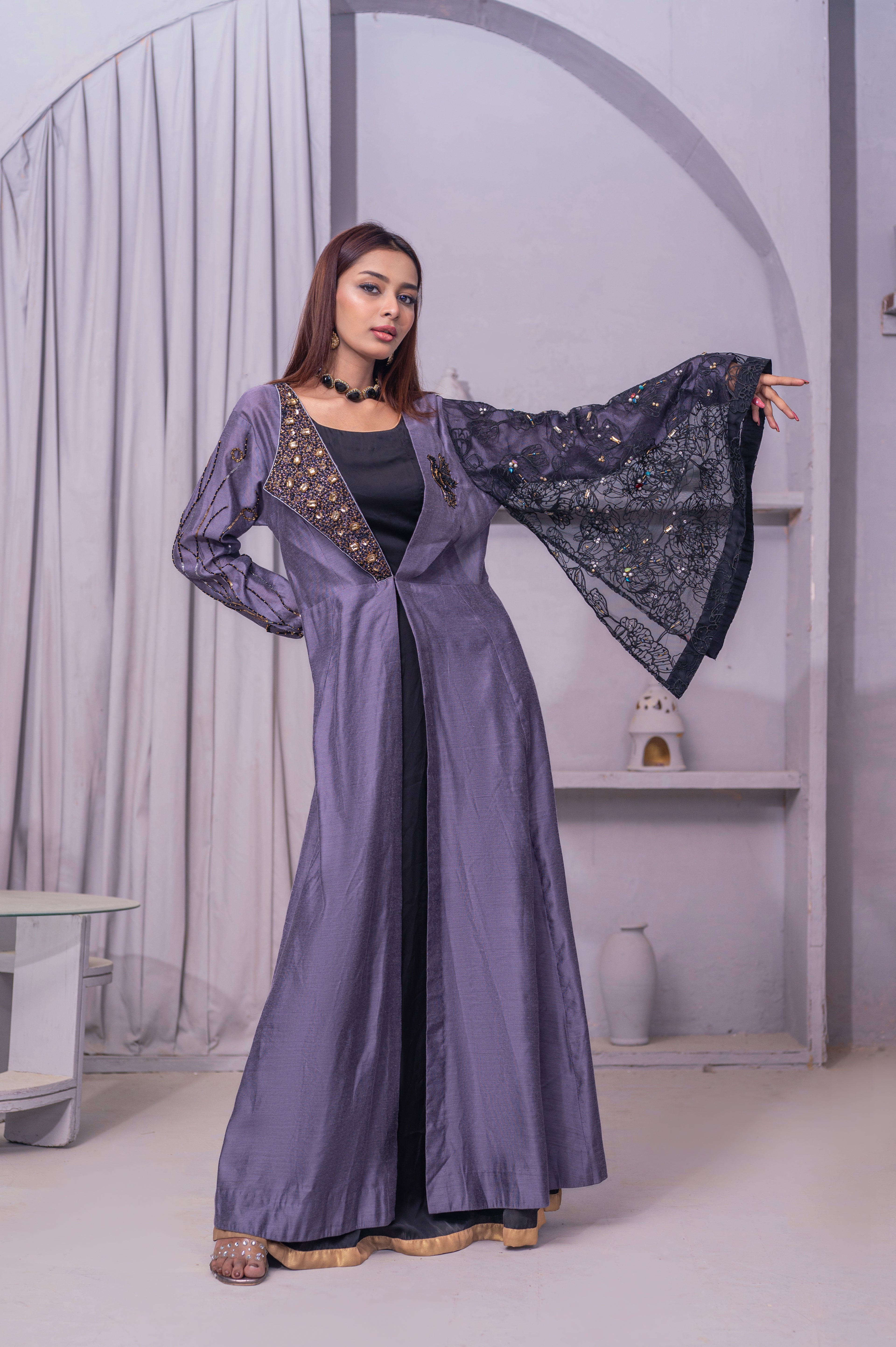 Midnight Lavender Embellished Open Front Abaya Dress