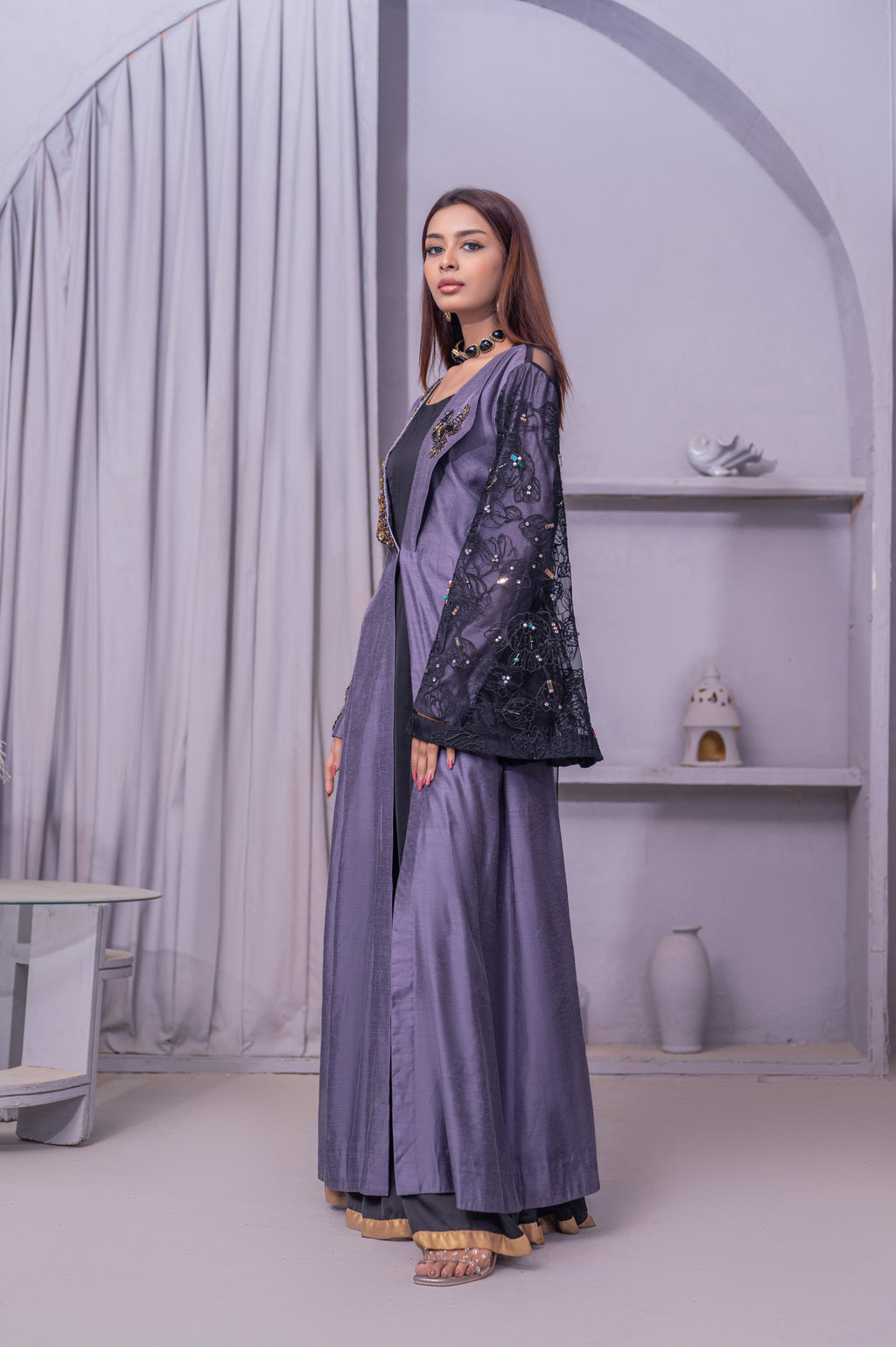 Midnight Lavender Embellished Open Front Abaya Dress