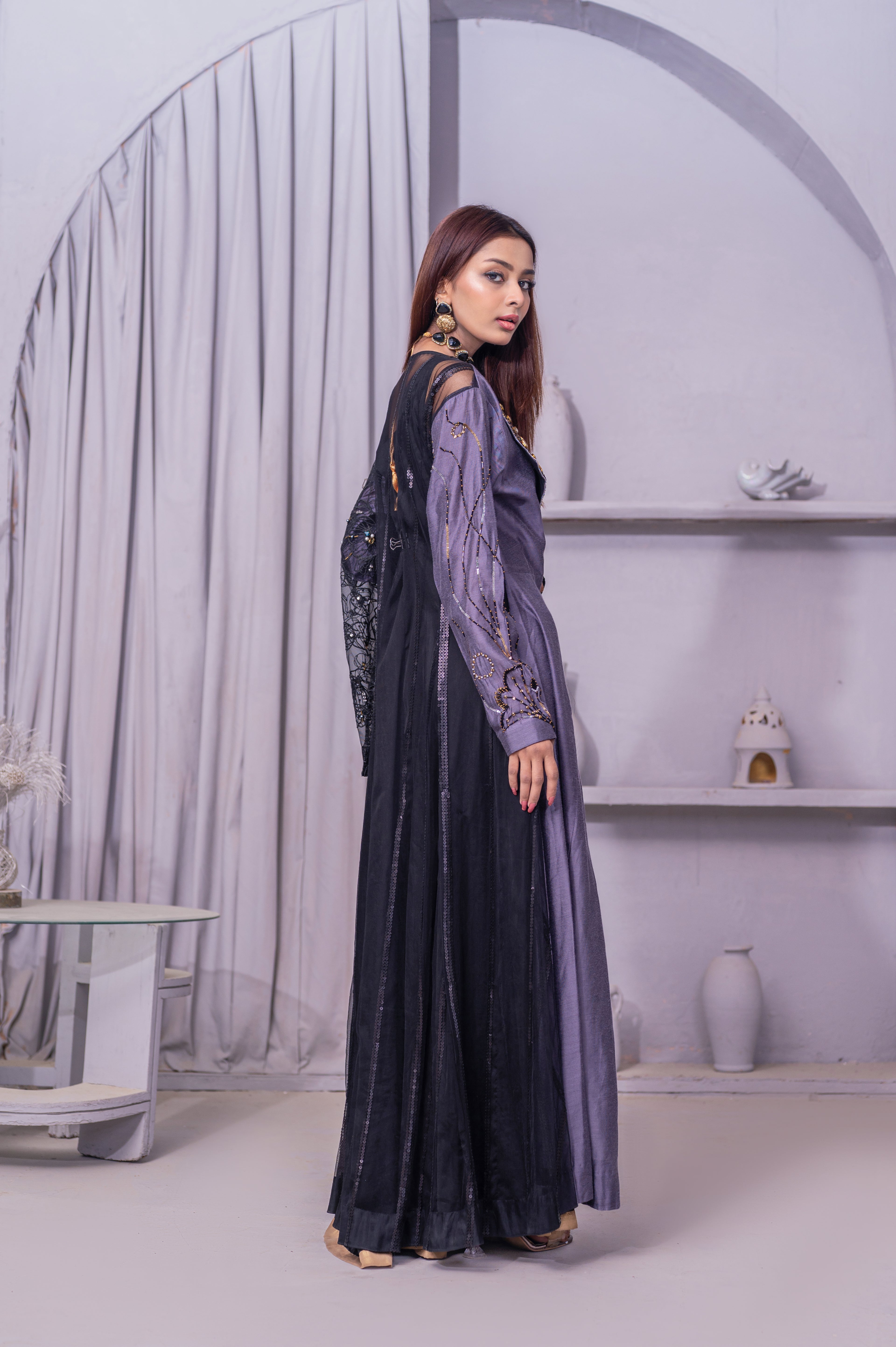 Midnight Lavender Embellished Open Front Abaya Dress