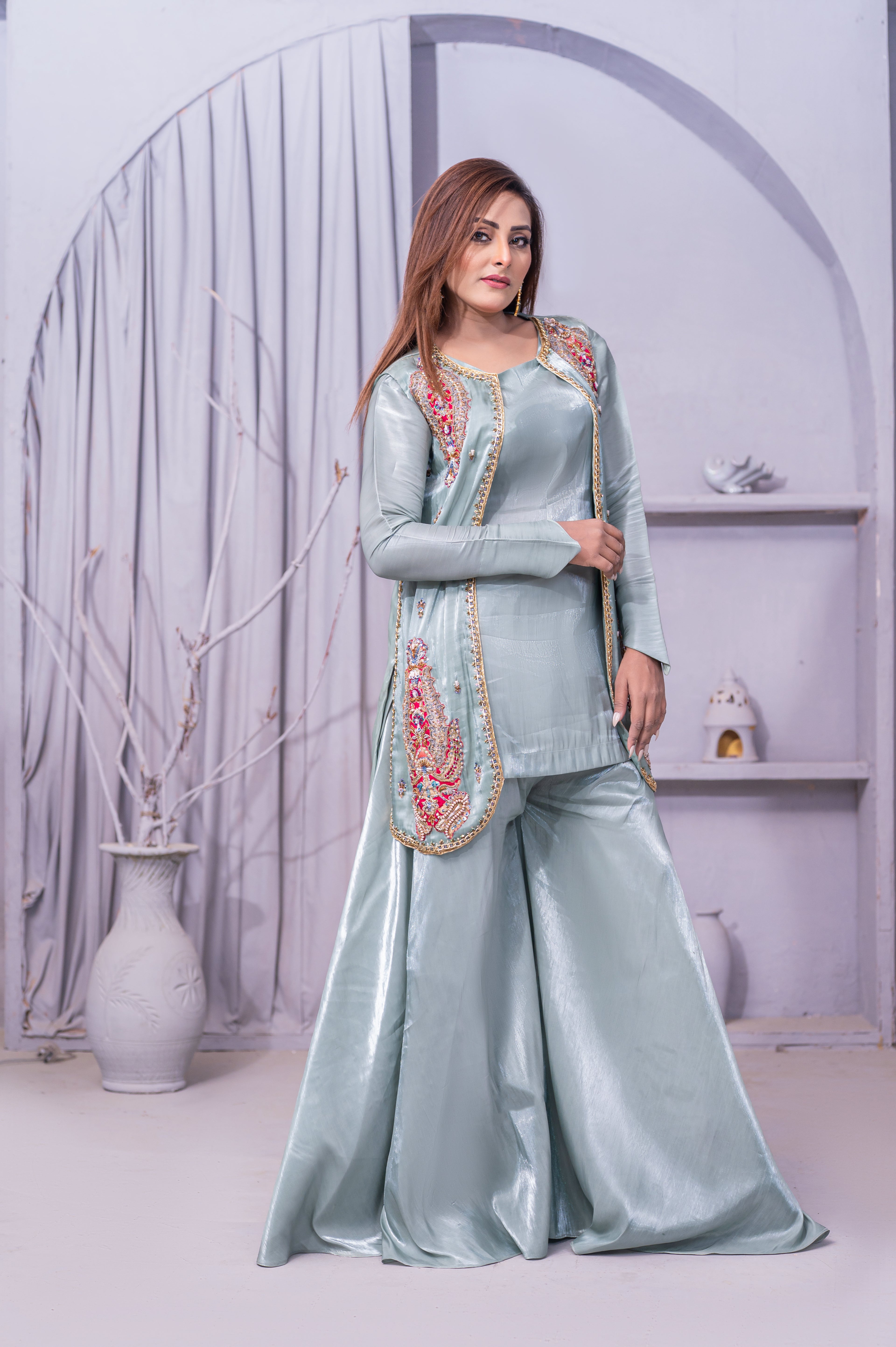 Celeste Mint Embroidered Palazzo Suit Set