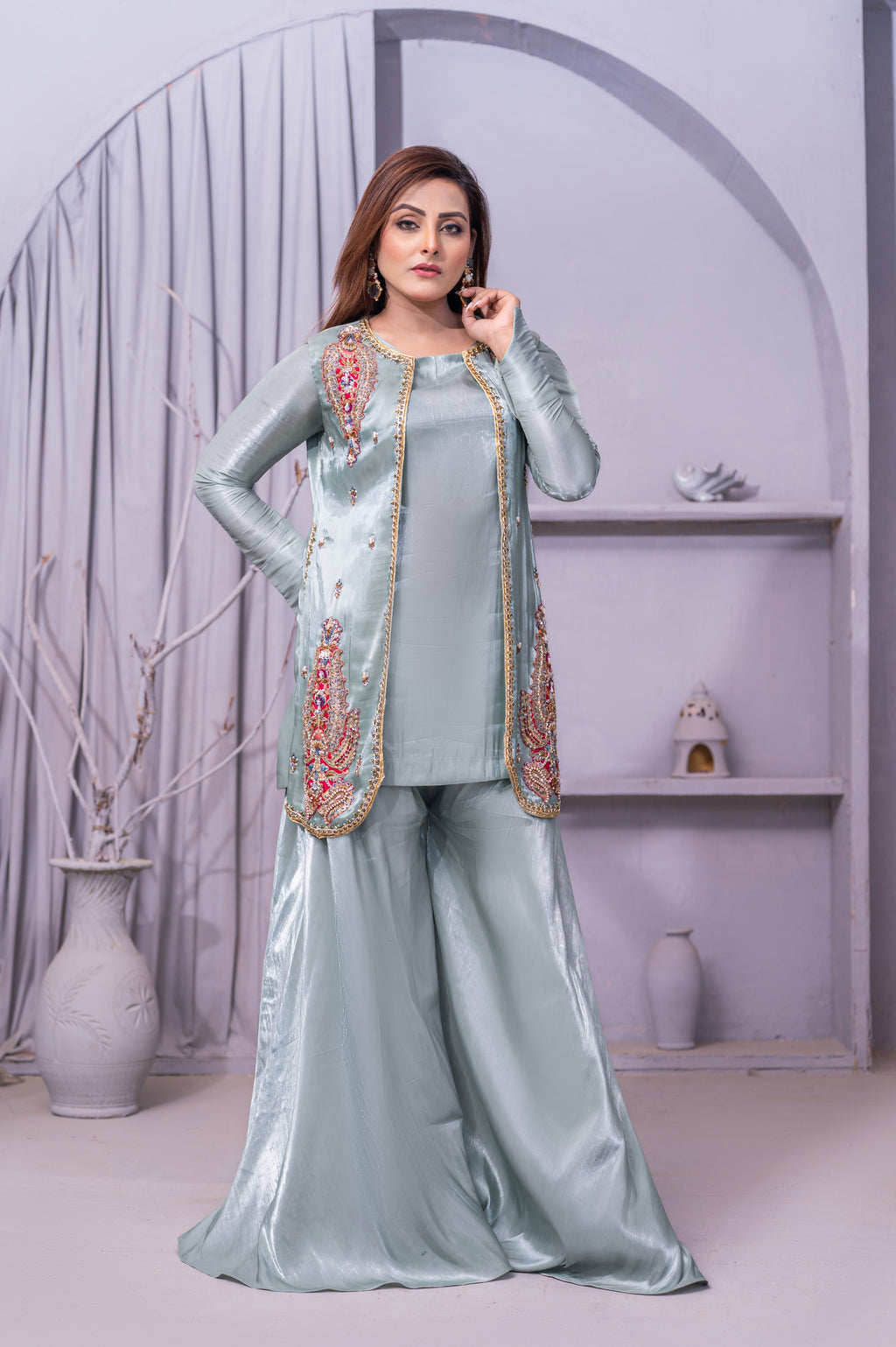 Celeste Mint Embroidered Palazzo Suit Set