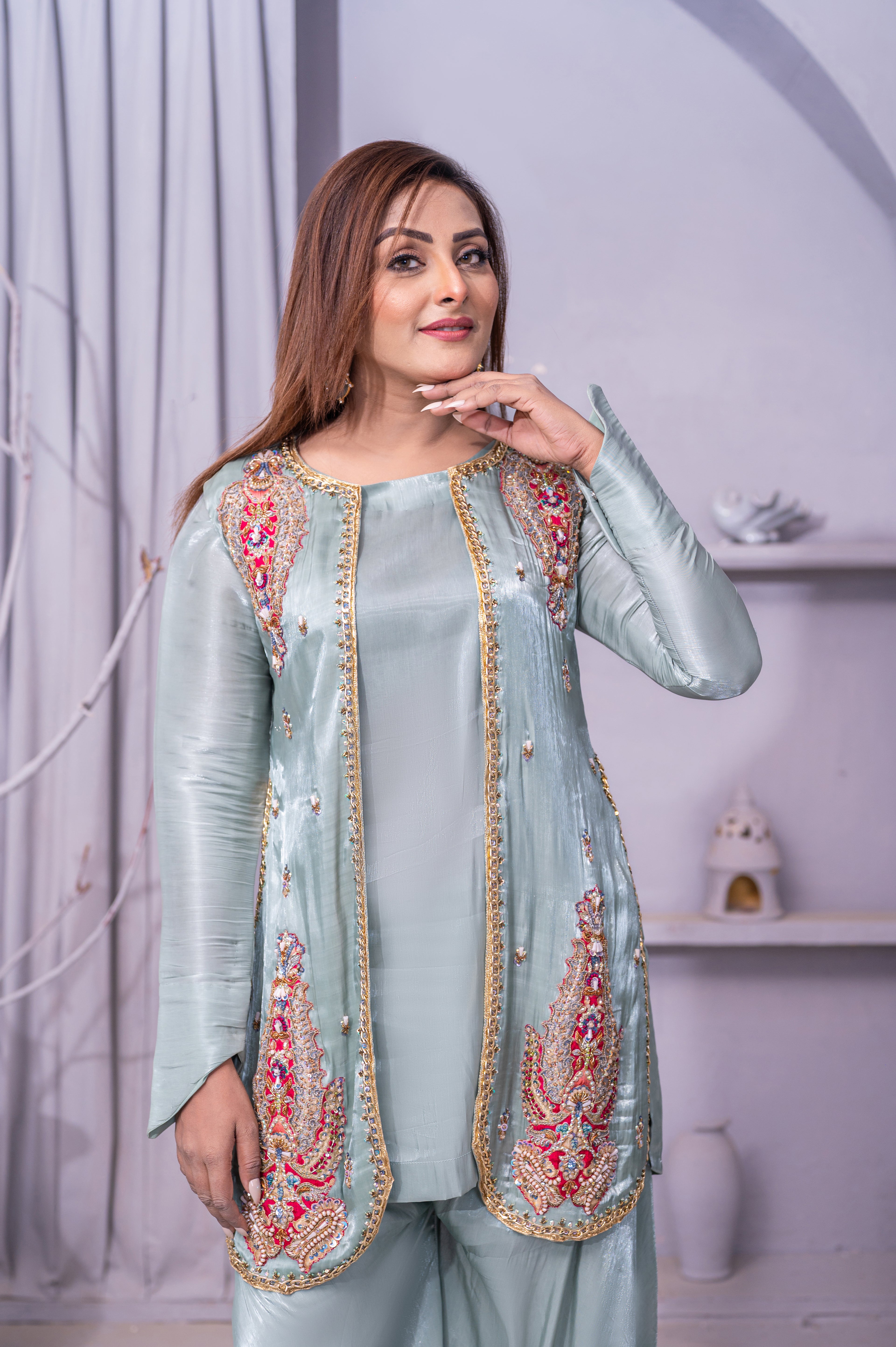 Celeste Mint Embroidered Palazzo Suit Set