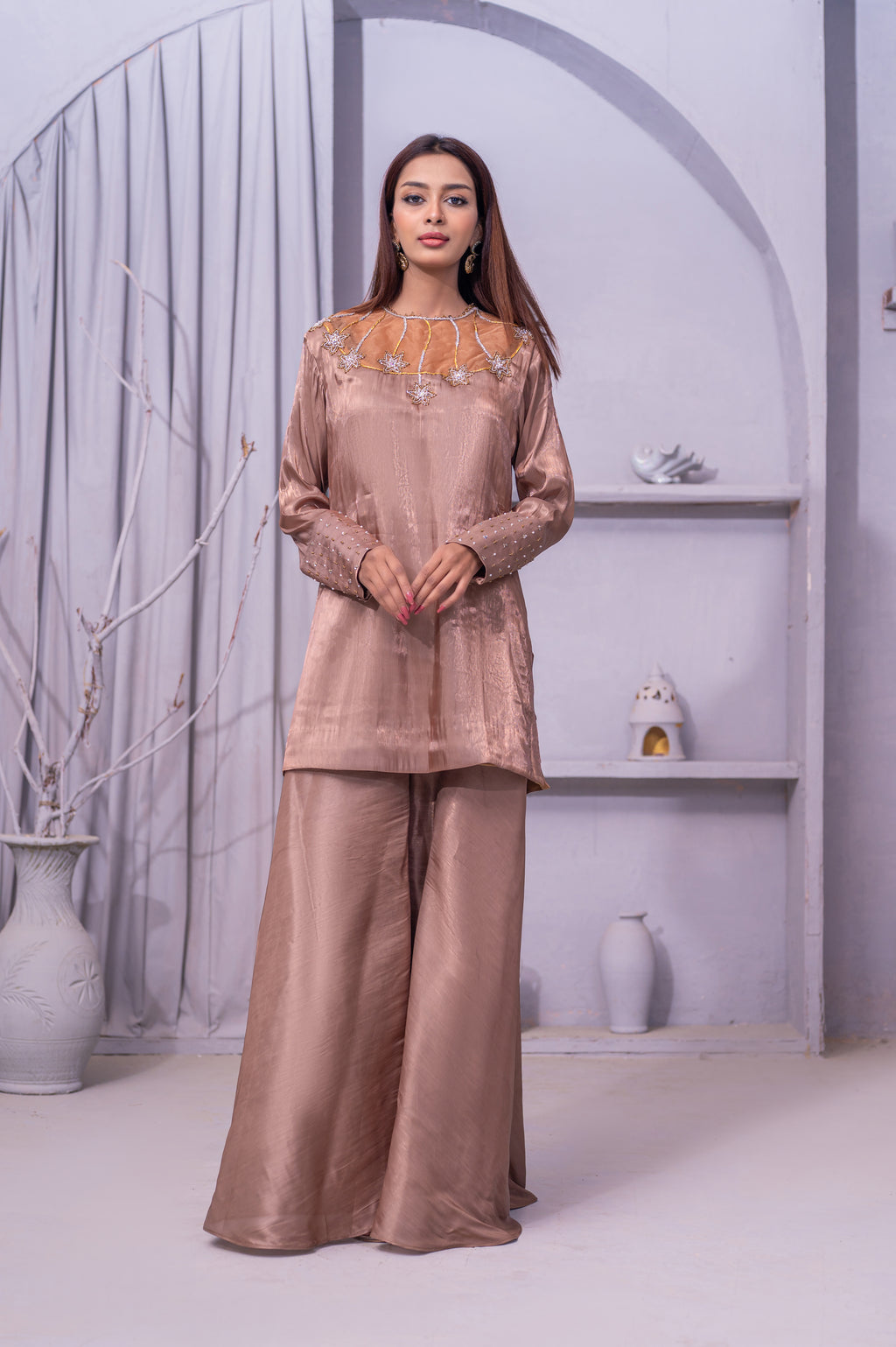 Elegant Satin Palazzo Set with Embellished Neckline