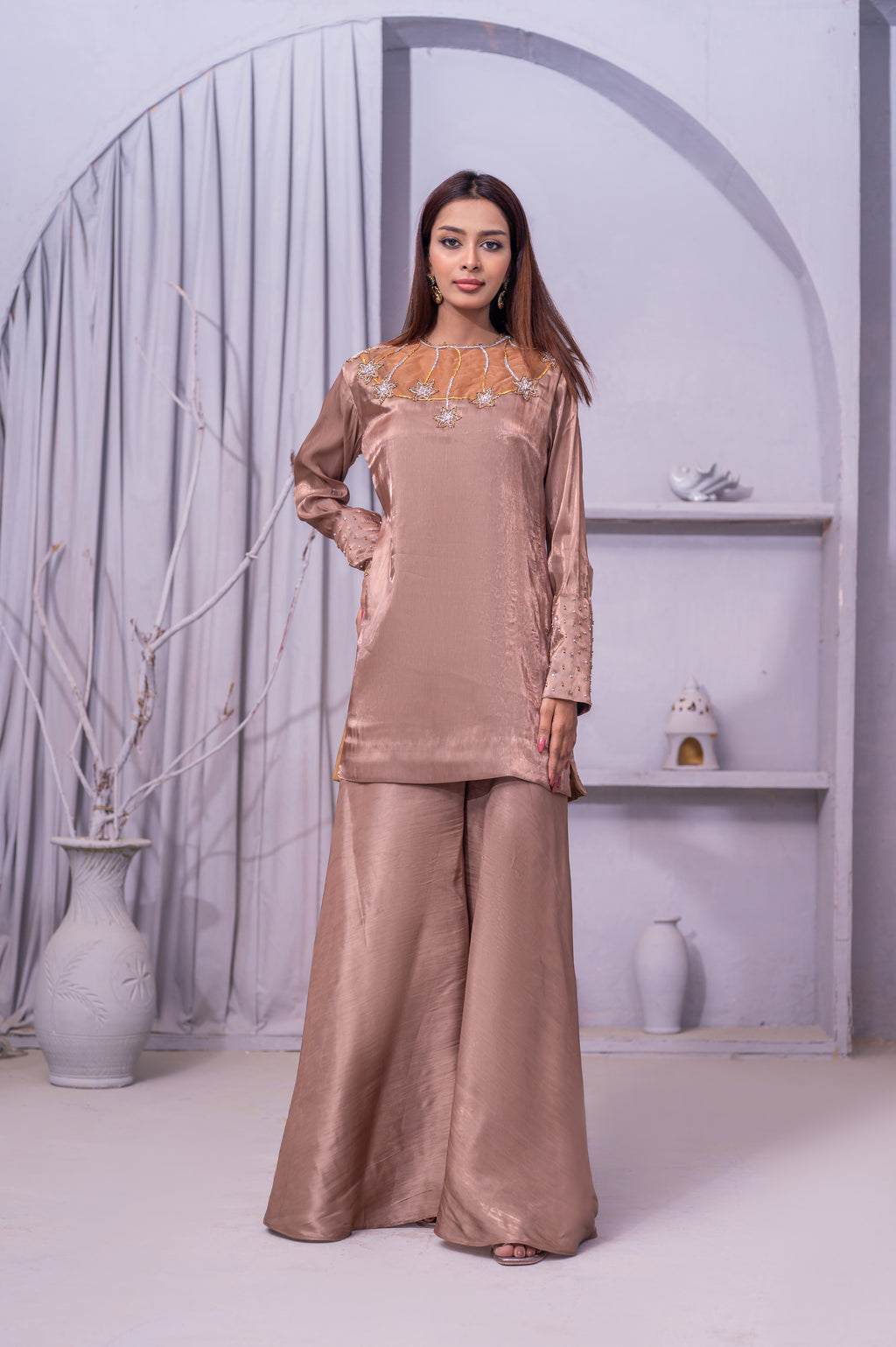 Elegant Satin Palazzo Set with Embellished Neckline