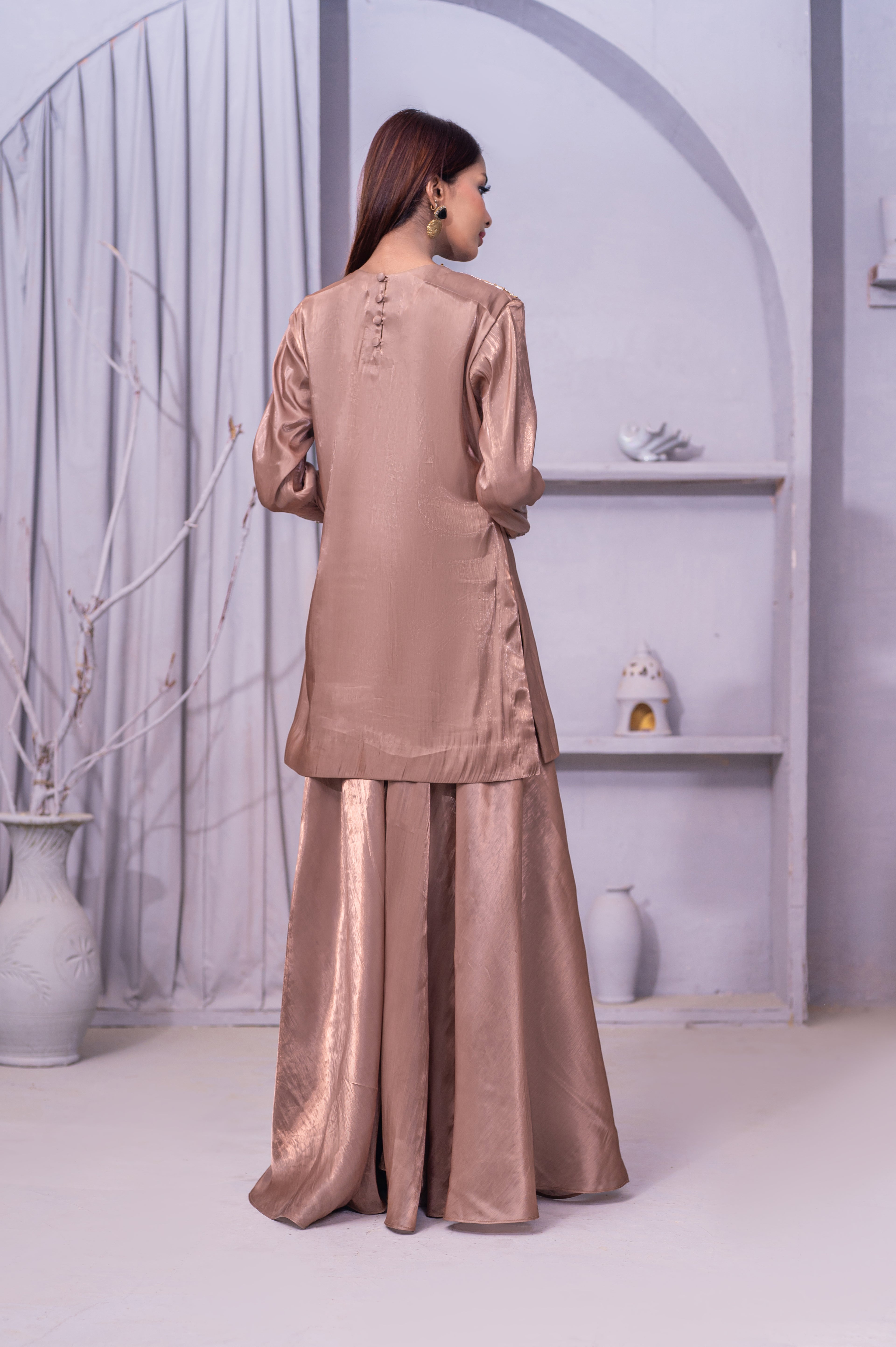Elegant Satin Palazzo Set with Embellished Neckline