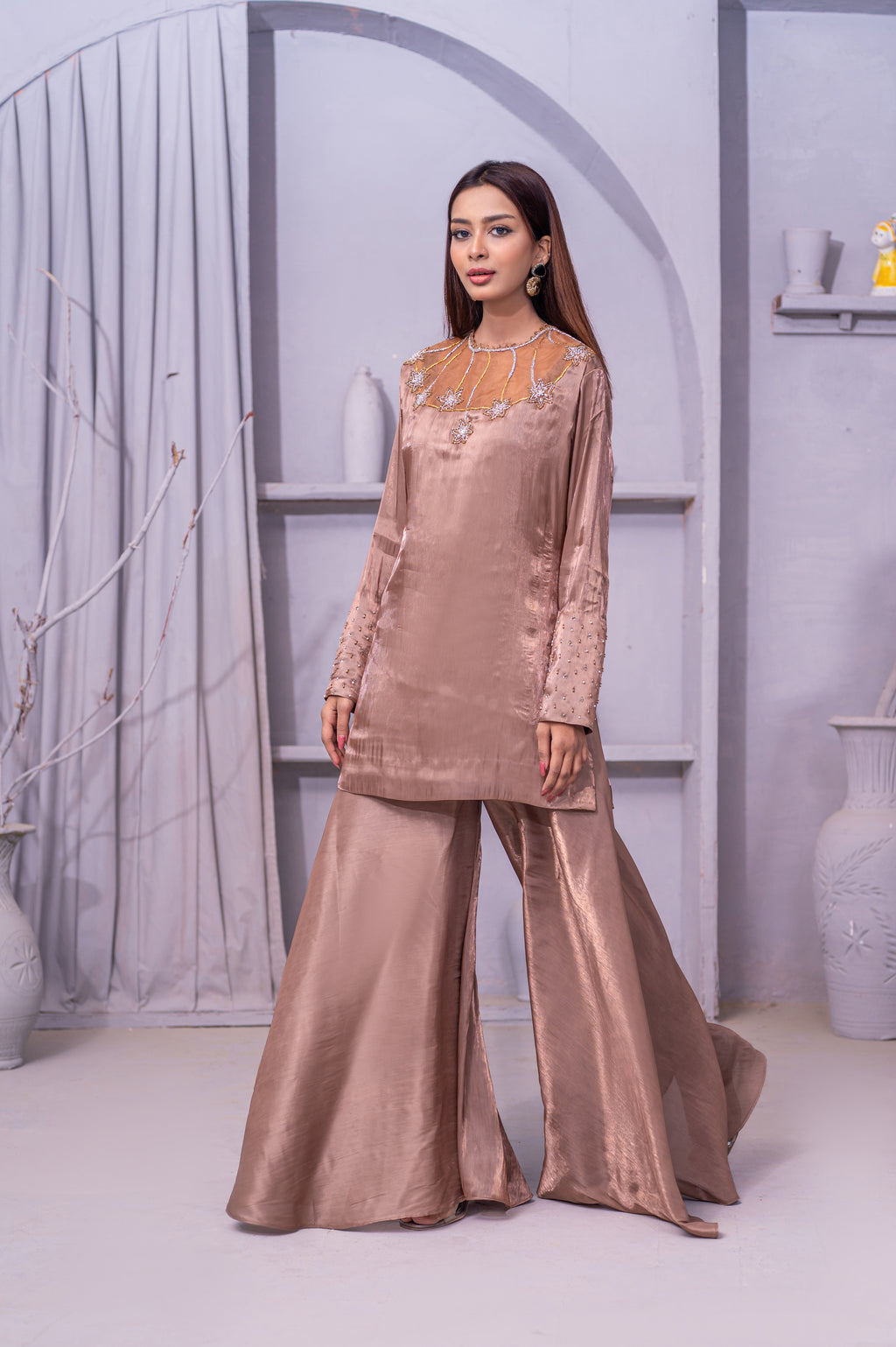 Elegant Satin Palazzo Set with Embellished Neckline