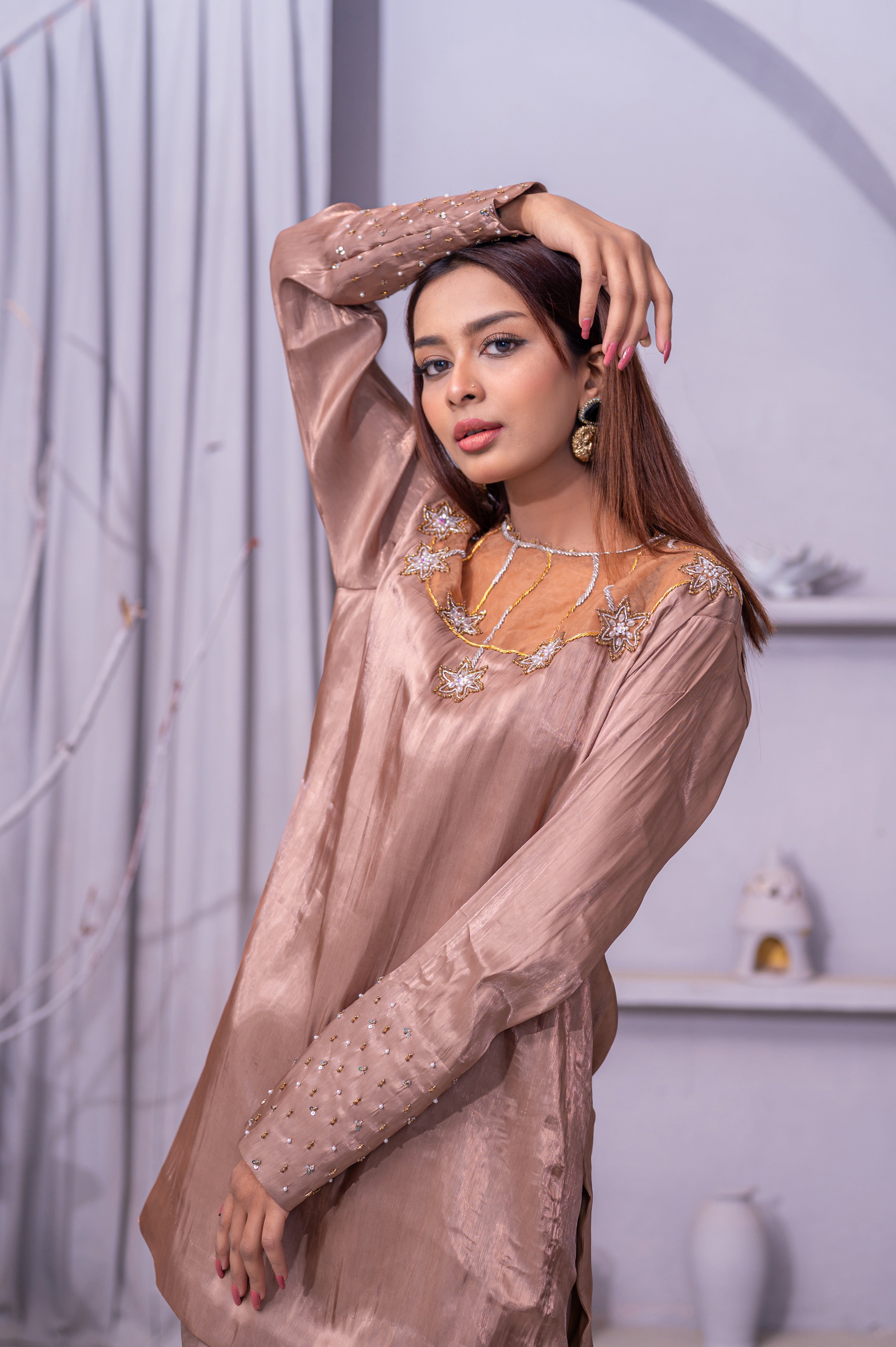 Elegant Satin Palazzo Set with Embellished Neckline