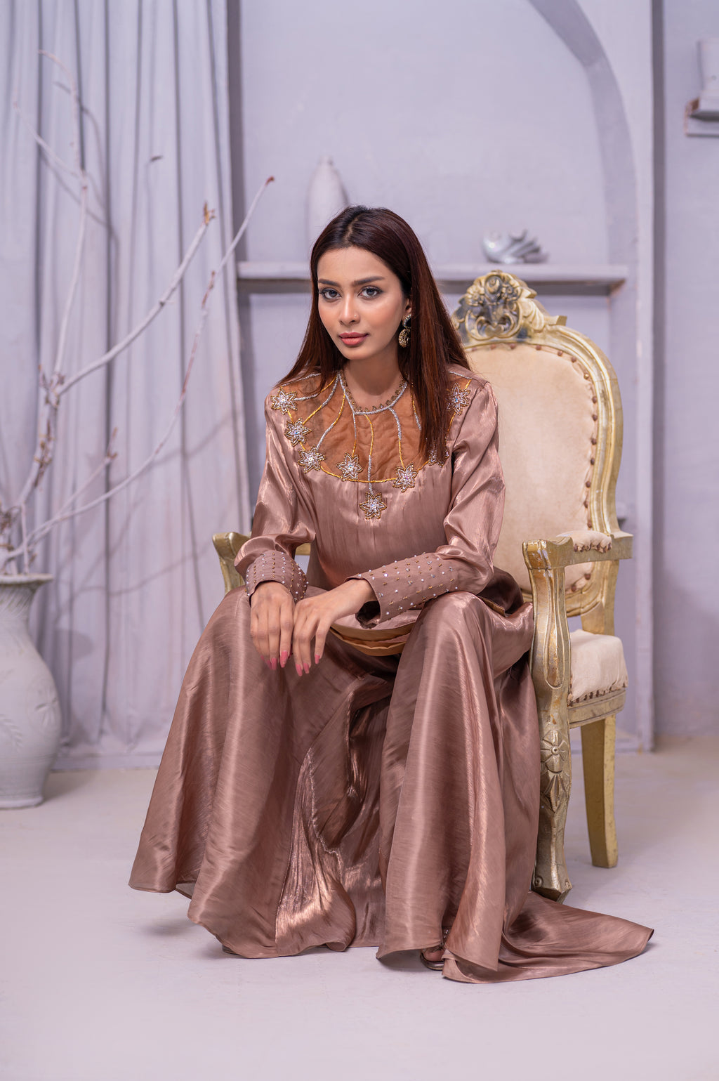 Elegant Satin Palazzo Set with Embellished Neckline
