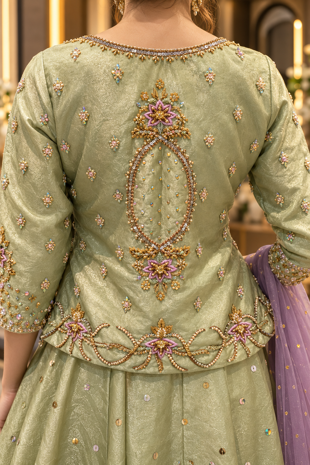 Sage green embroidered back floral medallion closeup