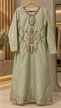 SANA NOOR sage green long formal dress gold embroidery front view