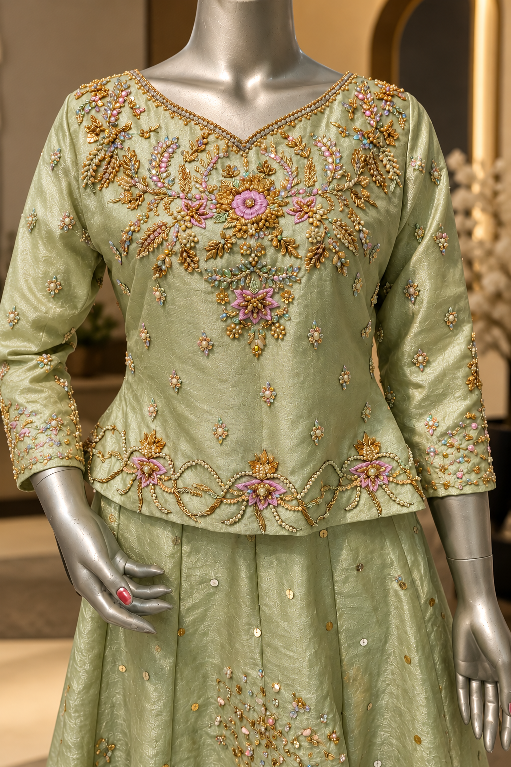 Sage green gold and pastel floral handwork neckline closeup
