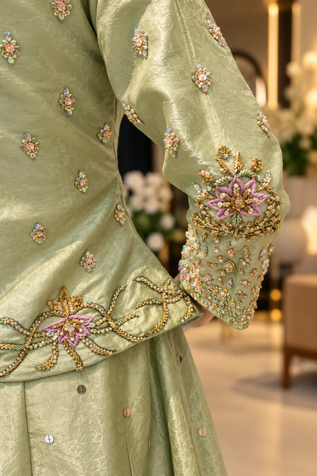 Sage green floral embellished sleeve cuff detail
