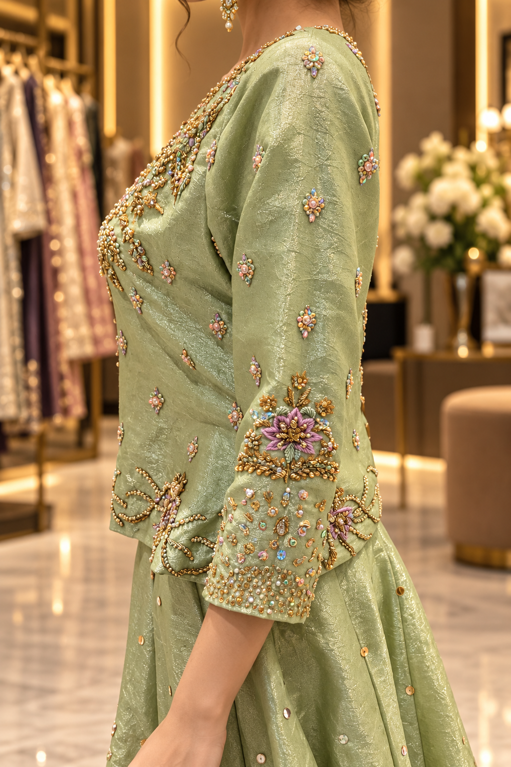 Sage green formal outfit side embellished sleeve
