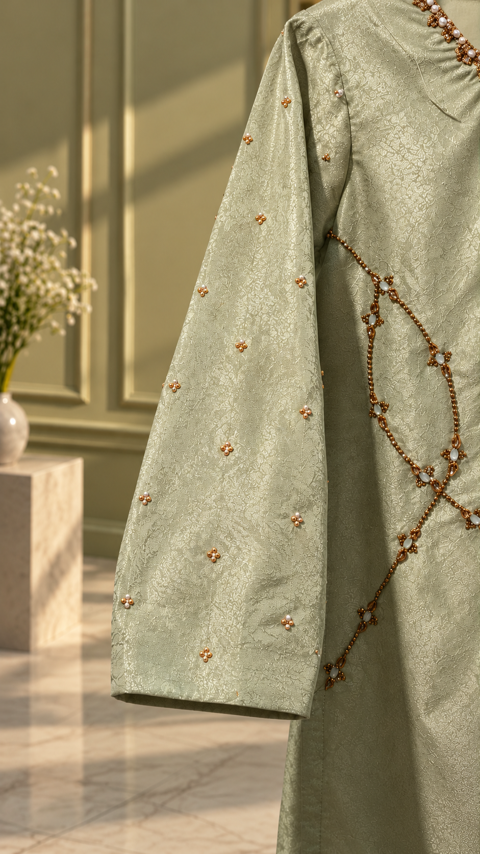 Sage green formal dress sleeve and ornate gold pearl detailing closeup