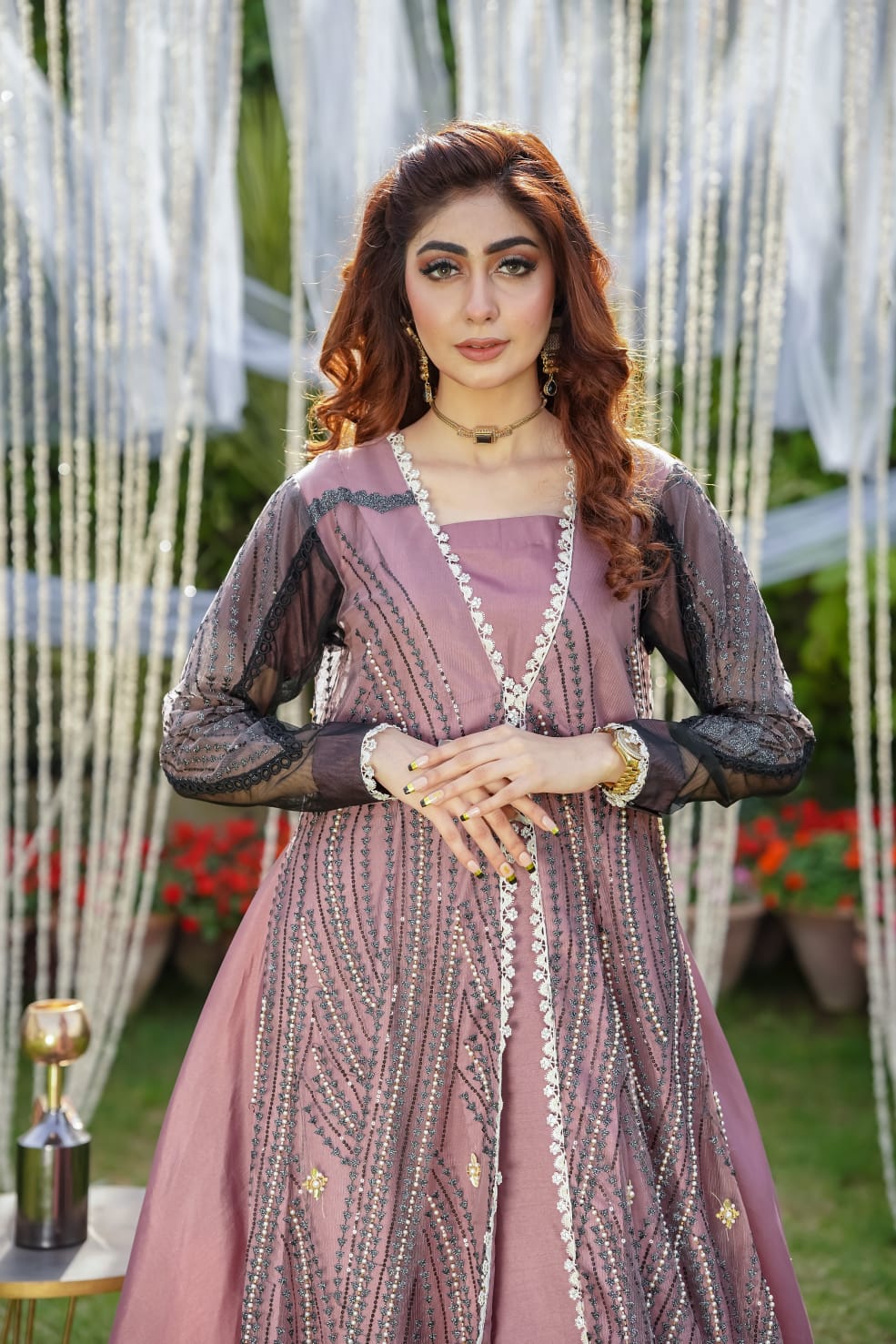 Dusty rose embroidered gown with dark sheer sleeve detail