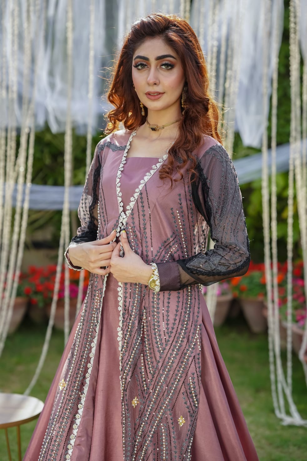 SANA NOOR mauve pink embellished gown bodice and front embroidery close view