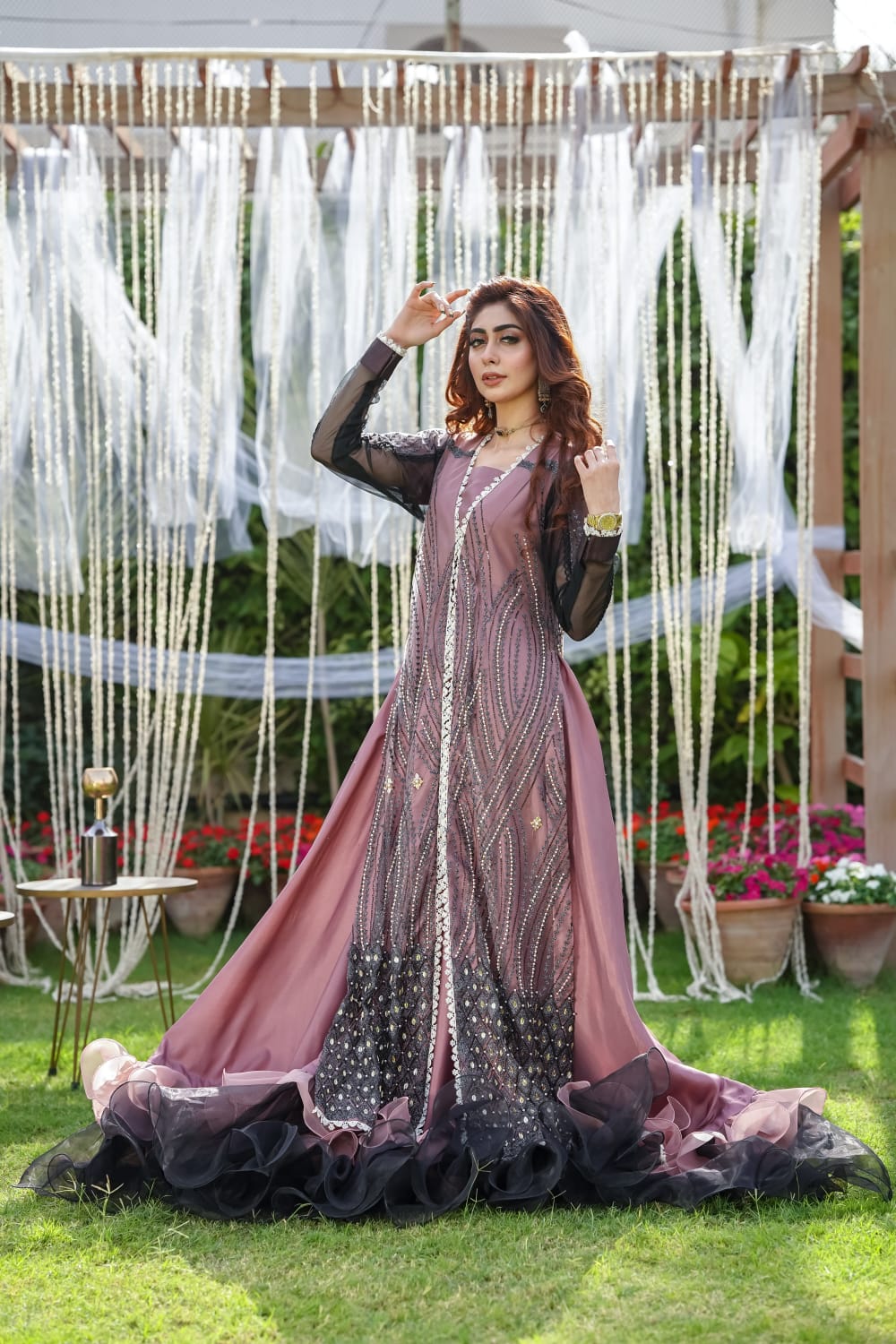 SANA NOOR dusty rose charcoal embellished formal gown full front view