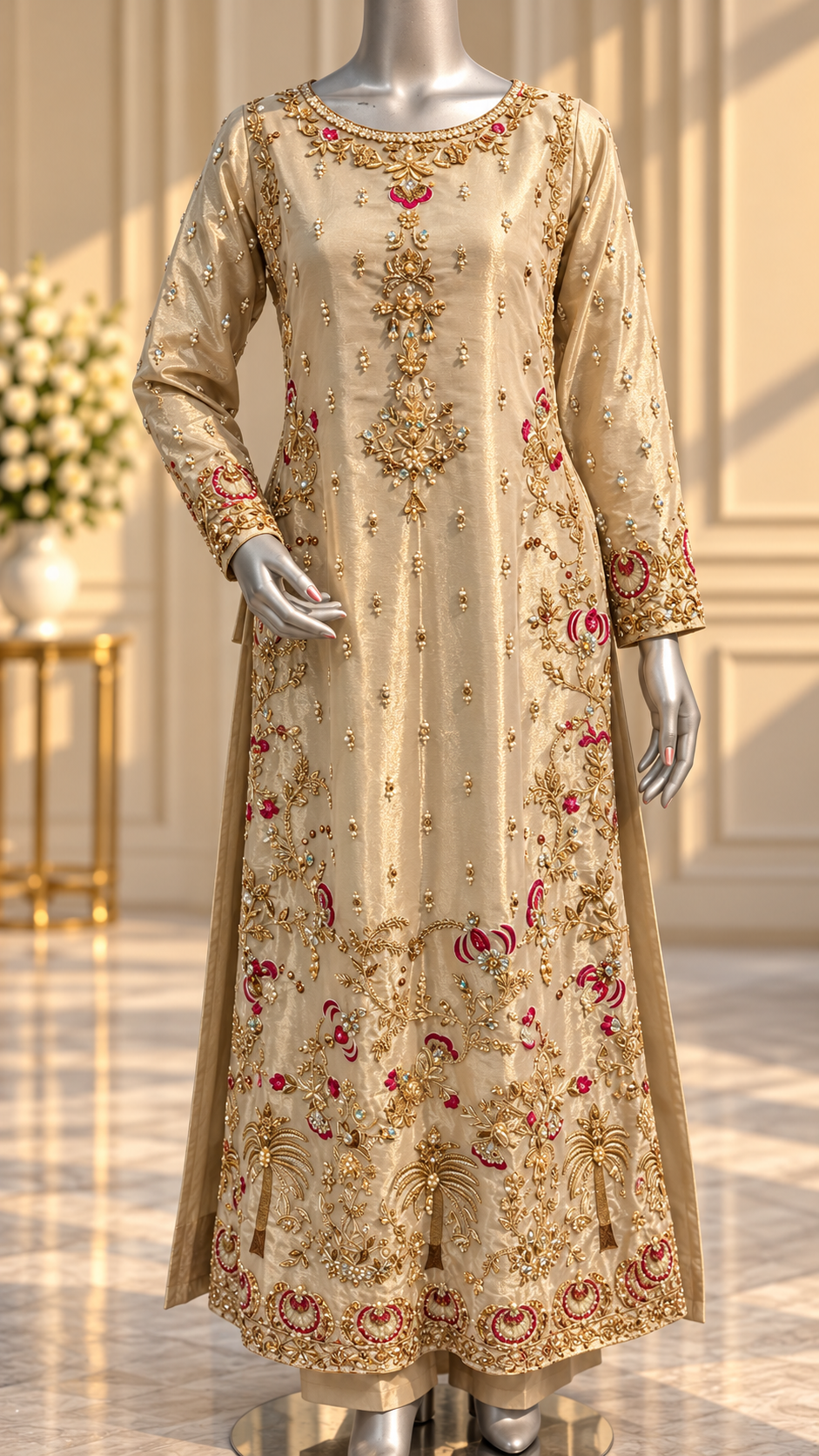 Champagne gold embroidered SANA NOOR luxury formal front view